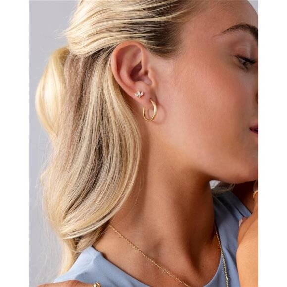 Gold Lotus Stud Earrings Cubic Zirconia Flat Back Helix Cartilage Jewelry - Picture 4 of 7